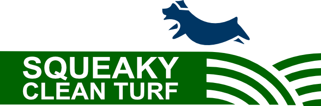 Squeaky Clean Turf — silhouette of a leaping dog over stylized green grass
